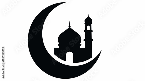 Mosque silhouette with crescent moon symbol of Islam.