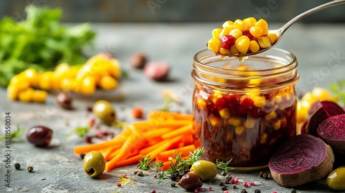 Sweet corn, beetroot, olives, and herbs served in a glass jar