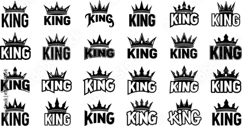 KING typography and crown icon set, black and white logo grid, regal branding design, royalty-themed graphic for masculine identity
