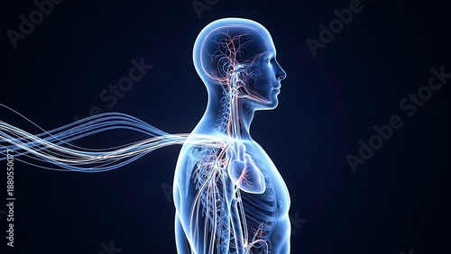 Human anatomy illustration showing nervous system and internal organs in a transparent body