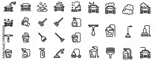 Car washing service icons set. cleaning auto thin line pictogram, outline symbols collection
