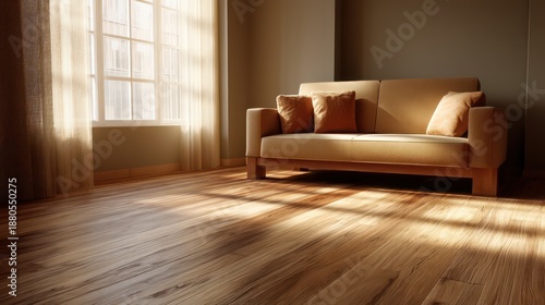 Minimalist living room warm sand colored loveseat natural bamboo flooring directional afternoon sunlight with slight haze warm earthy