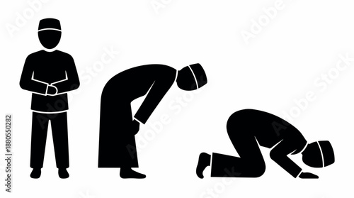 Muslim man performing various prayer positions in silhouette.
