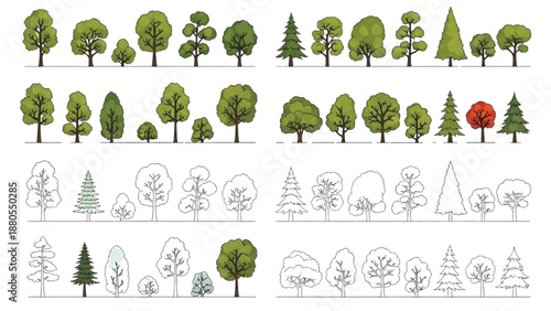 Collection of Various Tree Illustrations and Outlines from Different Viewpoints