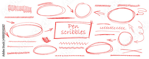 Round circle underline group created with hand drawn red pen forming doodle arrow strokes and frame in vector set kit bundle designed to highlight text using expressive scribble oval lines.