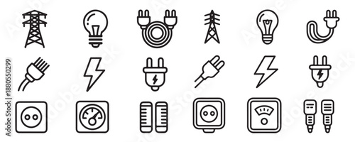 Electrical energy and power supply icons set. electricity related symbols, outline collection