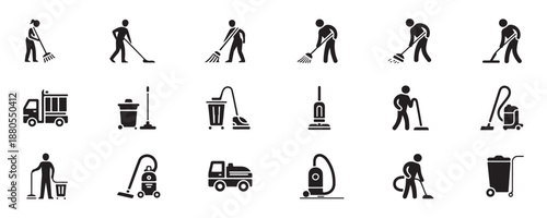 Janitorial service icons people with brooms vacuum cleaner garbage truck silhouettes