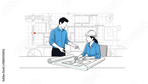 Engineers collaborating on architectural blueprint design project in office