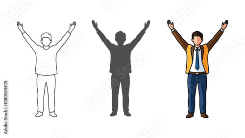 Man with arms raised in victory or celebration, shown in outline, silhouette and full color illustration