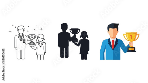 Business people receiving trophies and awards in different styles outline, silhouette and flat illustration