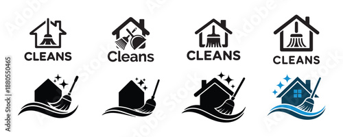Set of house cleaning logos with stylized home icons cleaning tools and decorative waves illustration