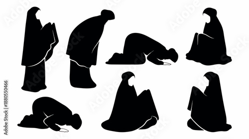 Muslim women praying in various positions silhouette collection.