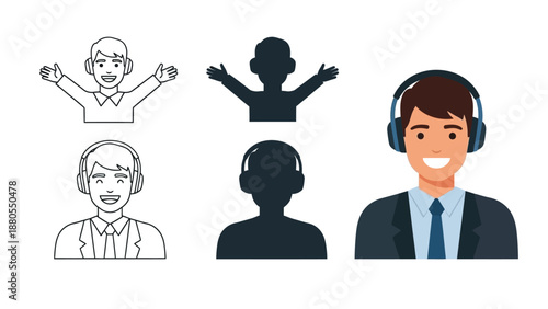 Set of customer service operator avatars, line art, silhouette, and full color illustration icons for support staff and call center agents