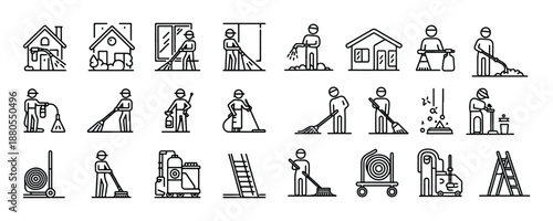 Outline icons showing people performing various house and commercial cleaning tasks diligently