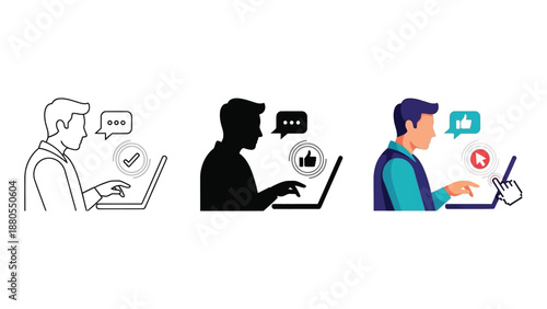 User interacting with laptop, social media feedback, like and chat icons, set of three styles outline, silhouette and color flat vector illustration