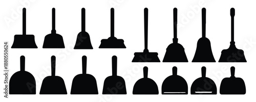 Dustpan and brush silhouette set for professional sweeping service and home maintenance tasks
