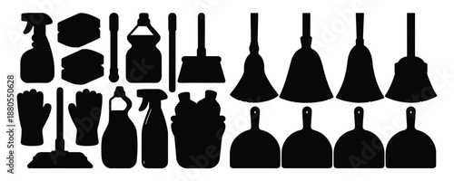 Household cleaning tools collection with solid black silhouettes of buckets sprays and mops