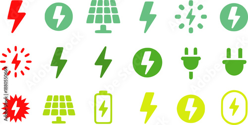 Colorful of Energy Sources and Symbols lightning battery solar plug