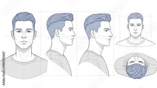 Multiple views of a man illustrated in various poses and angles