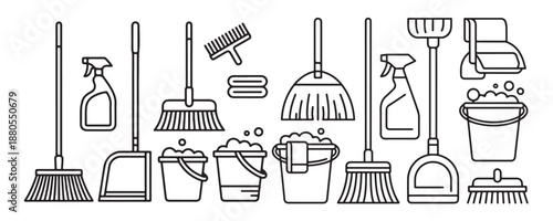 Thin line cleaning equipment icons set with mop bucket spray and brushes for housekeeping art