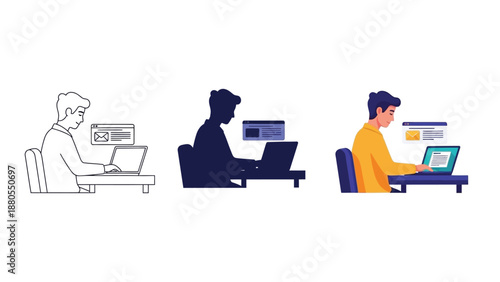 Man working laptop computer at desk, illustration set showing outline, silhouette and full color versions of a person coding or browsing online