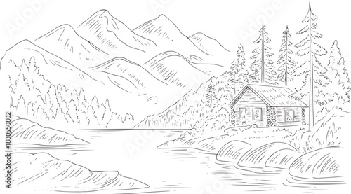 Rustic log cabin by serene lake with mountains in trees