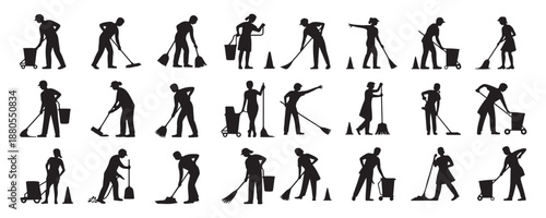 Diverse collection of cleaning people silhouettes performing various household tasks