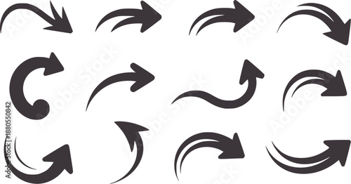 Various styles of black arrows in circular and curved formations direction