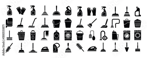 Extensive collection of cleaning tools and supplies icons for household and commercial use