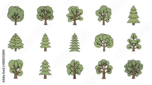 Various Tree Illustrations Depicting Different Species and Shapes in a Grid Layout