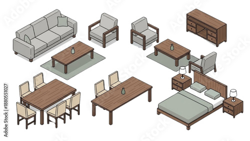 A collection of furniture items including a sofa, table, and bed, displayed from a top-down viewpoint.