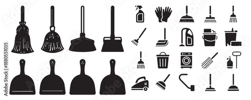 Solid fill brooms and dustpans icon set with supplementary cleaning and maintenance equipment vector