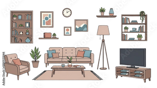 A modern living room with furniture and decor viewed from the front