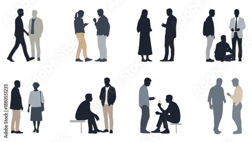 Set of silhouetted people interacting in various social scenarios and professional settings