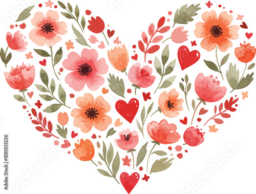 Heart shaped floral pattern with colorful flowers and leaves
