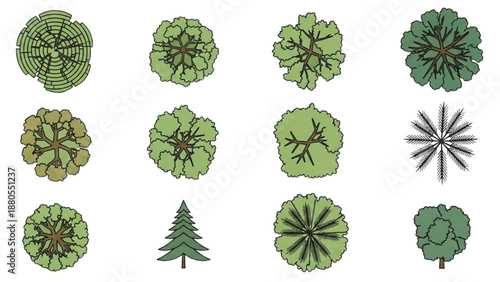 Collection of various green tree illustrations arranged in a grid pattern on a white background from a top-down viewpoint