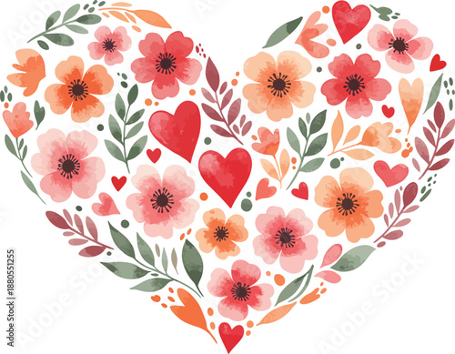 Heart shaped floral pattern with colorful flowers and leaves design