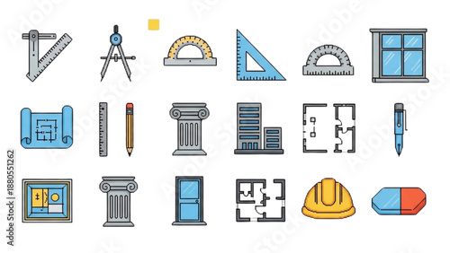 Architectural design elements illustration featuring tools, blueprints, and structures from a straightforward viewpoint