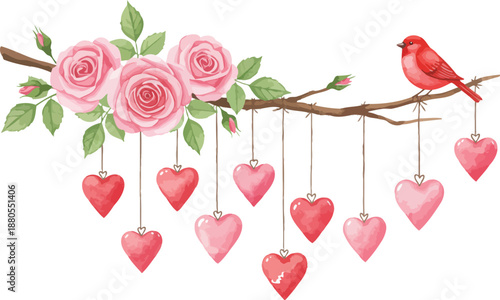 Red bird perched on branch with pink roses and heart ornaments