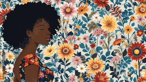 Woman with Afro hairstyle surrounded by vibrant floral pattern.