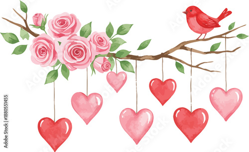 Watercolor illustration of a cardinal perched on a flowering branch with hanging hearts