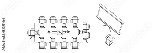 Conference room furniture CAD drawings, table chairs presentation setup, top view vector – Professional CAD Architectural Vector Collection