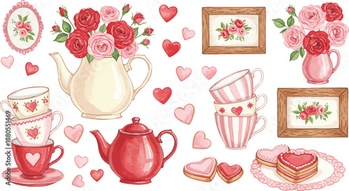 Valentine s day still life with flowers teacup and cake