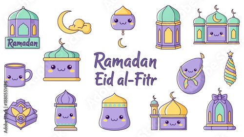 Cute Cartoon Ramadan and Eid al-Fitr Icons: Mosques, Lanterns, Crescent Moon, Gift Box