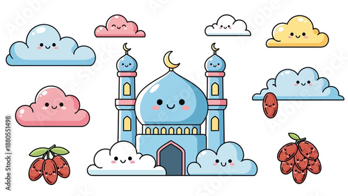 Cute Cartoon Mosque with Smiling Clouds and Dates, Islamic Ramadan Illustration