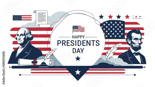 Happy Presidents Day Illustration with Washington, Lincoln, and US Flag