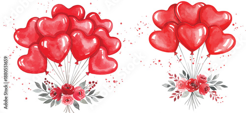 Two bunches of shiny red heart shaped balloons with flowers