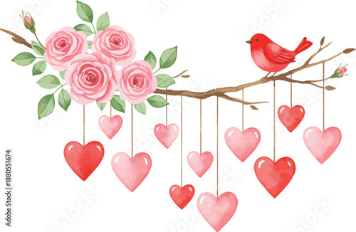 Watercolor illustration of bird on branch with roses and hearts