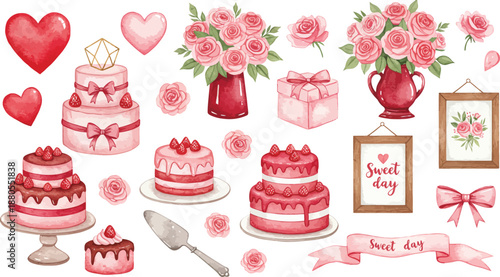 Valentine s day celebration with cakes flowers and gifts