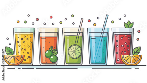 Assortment of Colorful Refreshing Drinks in Glasses
